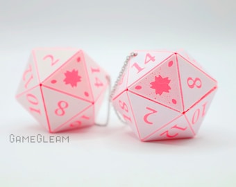 D20 Car Dice [2&quot; White and Pink Holographic - &quot;Sakura Spell&quot;] - Cherry blossom DnD hanging charms - The magical kawaii gift for him or her