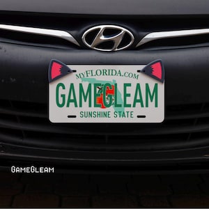 Puede incluir: Una placa de matrícula de Florida con el texto "GAMEGLEAM" en letras verdes. La placa está montada en un coche negro y tiene detalles de orejas de gato. Las palabras "SUNSHINE STATE" están en la parte inferior.