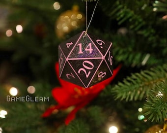 D20 Ornament [2" Black and Pink Holographic] - Hanging DnD charm - A magical Christmas tree holiday season gift for him or her