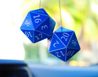 D20 Car Dice [2&quot; Blue and White Holographic - &quot;Sky Write&quot;] - Hanging DnD charm danglers - The magical car decor gift for him or her