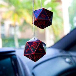 D20 Holographic Car Dice [2" Black and Red] - Custom DnD hanging charms for Dungeons and Dragons fans - The perfect gift for his or her car