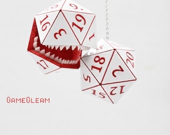 Mimic D20 Car Dice [White and Red, custom 2" holographic charms] - DnD hanging car accessory - The thoughtful gamer gift with teeth