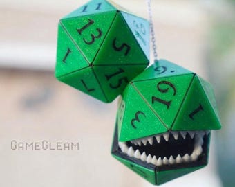 Mimic D20 Car Dice [Pick your colors, custom 2" holographic charms] - DnD hanging car accessory - The thoughtful gamer gift with teeth