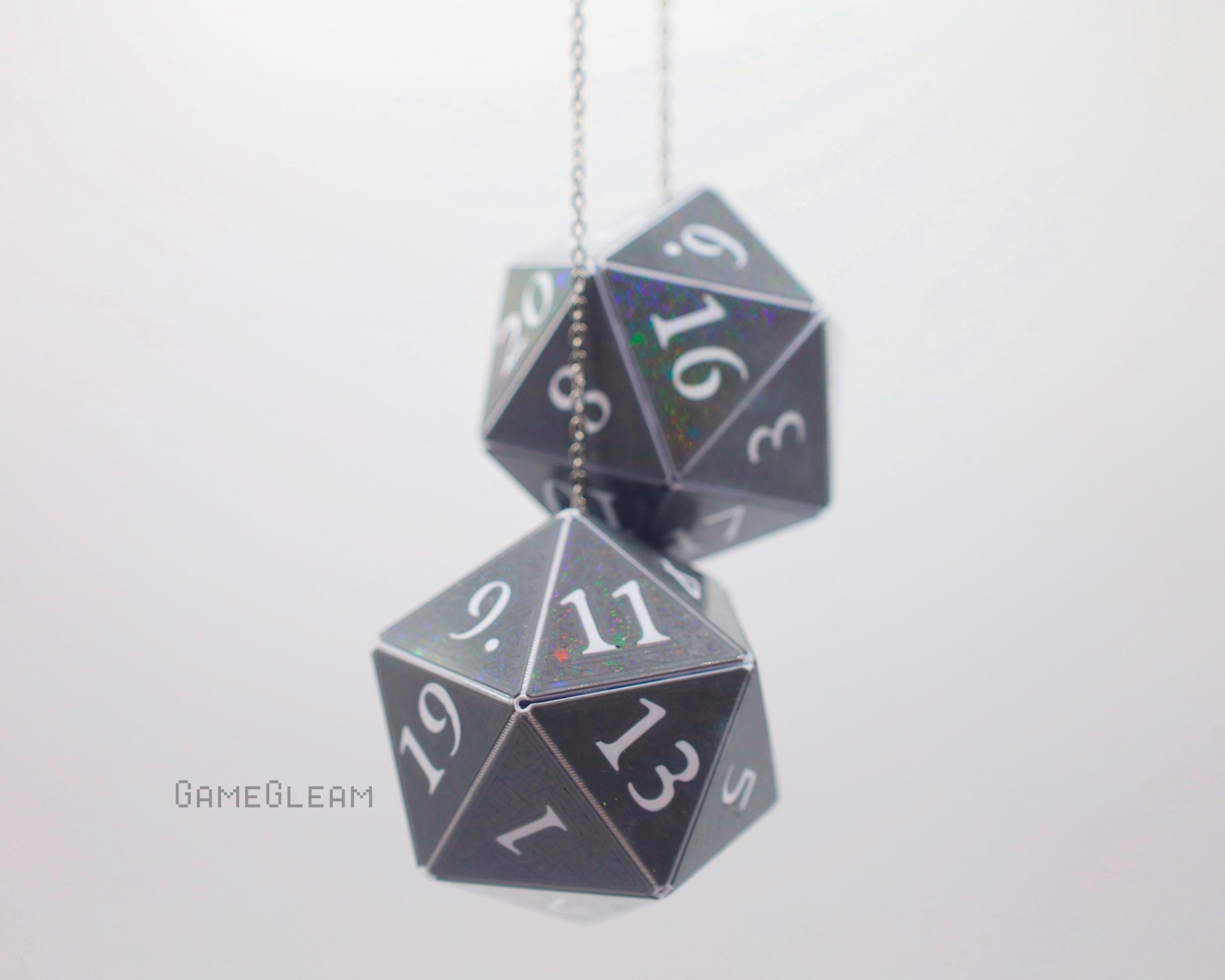 D20 Car Dice [2" Gray and White Holographic - "Static Stasis"] - Hanging DnD charm danglers - The magical car gift for him or her