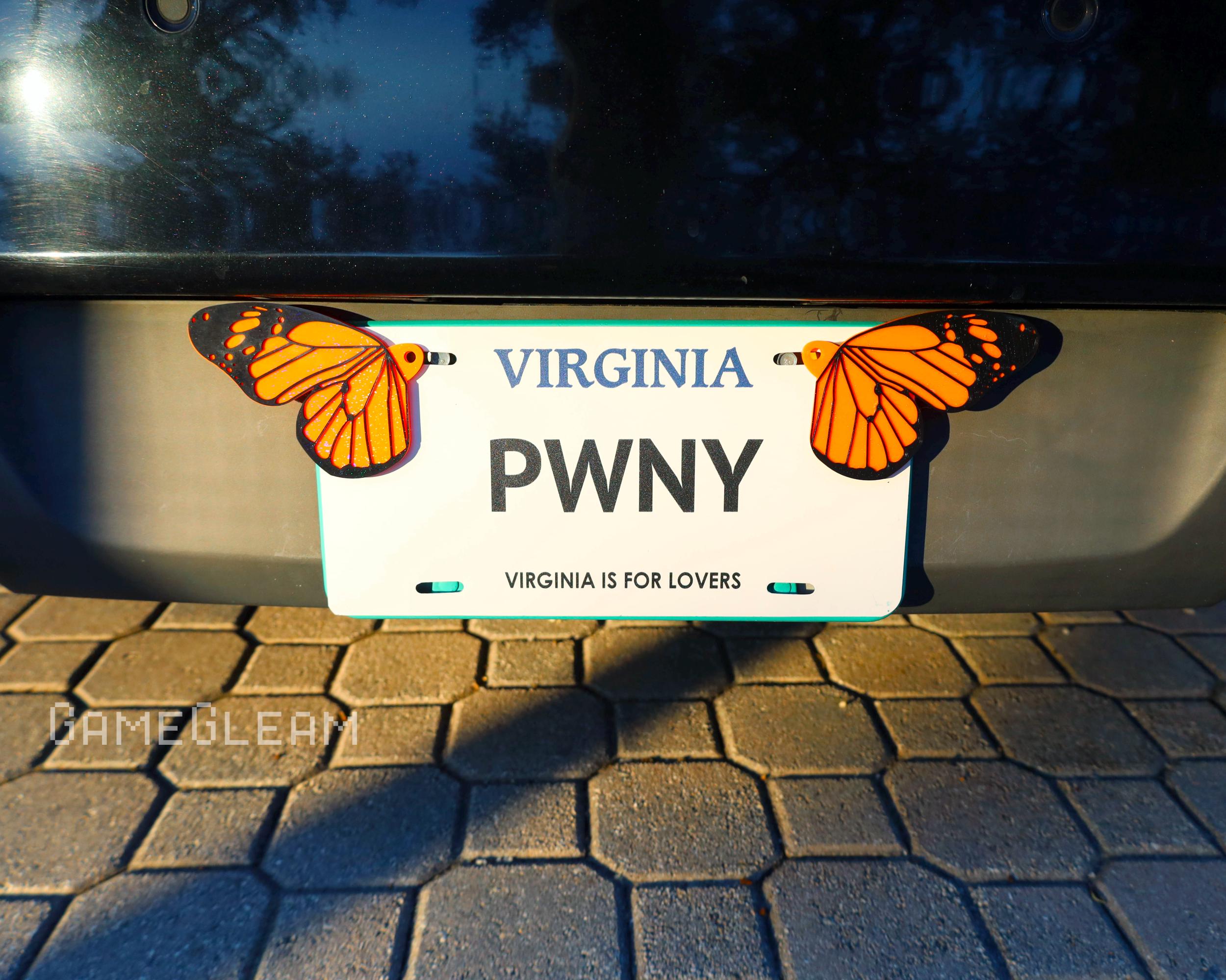 License Plate Butterfly Wings Pair [Monarch Orange Holographic 5" wide] - Fit car or motorcycle - A magical fantasy gift for him or her