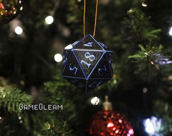 D20-ornament [2" zwart-blauw holografisch] - hangende DnD-bedel - Een magisch kerstcadeau voor de feestdagen voor hem of haar