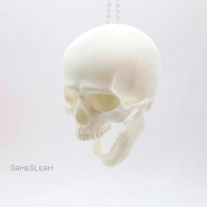 May include: White plastic skull pendant with a chain. The skull is open-mouthed and has a detailed design.