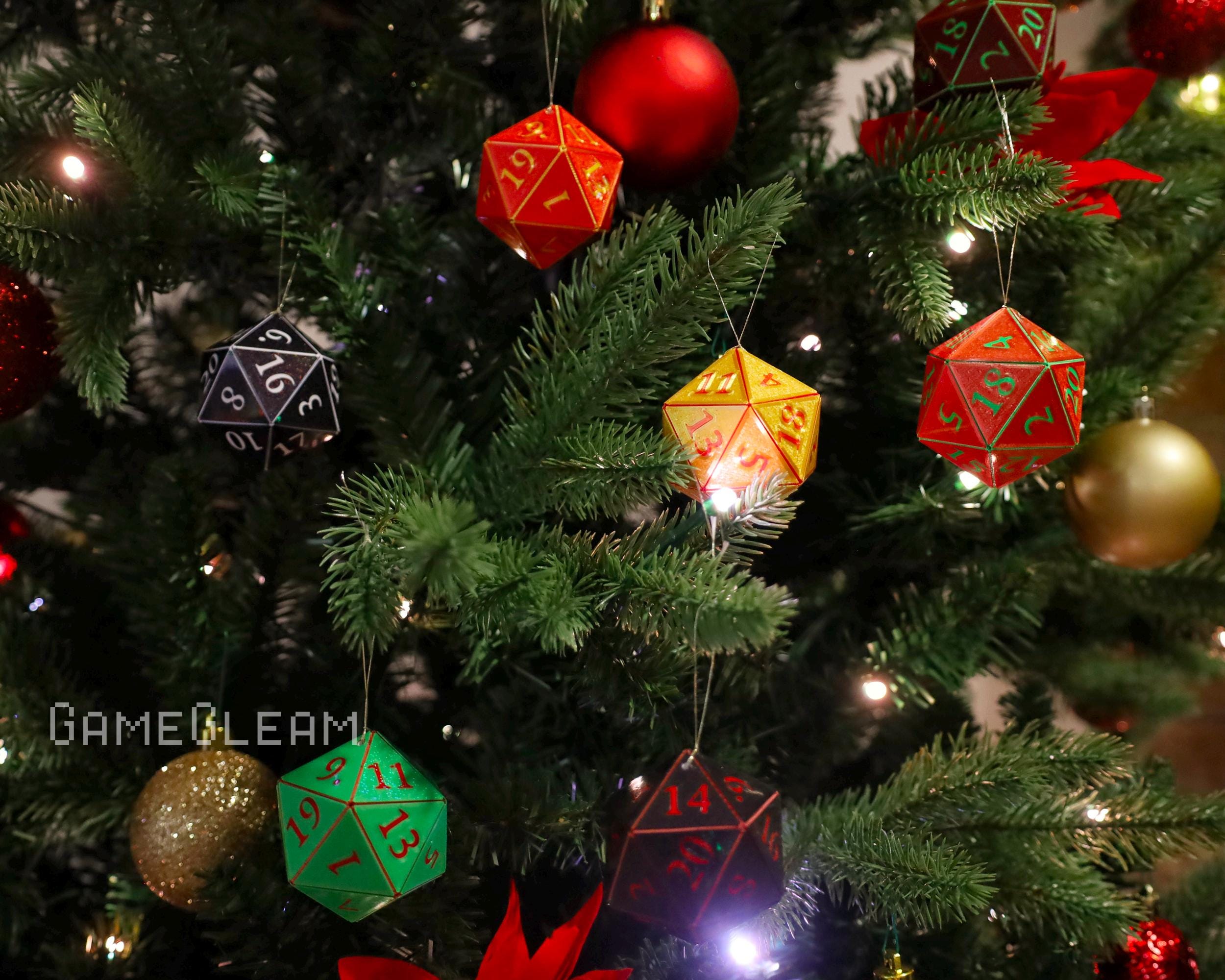 D20 Ornament [Pick your colors, 2&quot; Holographic] - Hanging DnD charm dangler - A magical Christmas tree holiday season gift for him or her