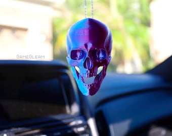 Skull Car Charm: blauw en paars scharnierende achteruitkijkspiegelhanger