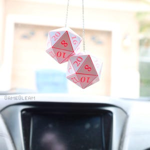 D20 Car Dice [2&quot; White and Pink Holographic - &quot;Pixie Dust&quot;] - Hanging DnD charm mirror dangler - The magical automotive gift for him or her