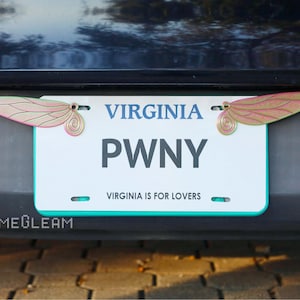 May include: A white Virginia license plate with the text "PWNY" and the words "Virginia is for lovers" in blue. The plate has two decorative gold and pink butterfly wings attached to the top.