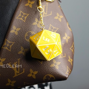 D20 Die Bag Charm Keychain [Gold and silver, 2" Holographic] - Purse hanging DnD charm dangler pendant - Original magical fantasy gift