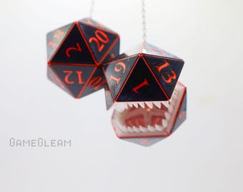 Mimic D20 Car Dice [Pick your colors, custom 2&quot; holographic charms] - DnD hanging car accessory - The thoughtful gamer gift with teeth