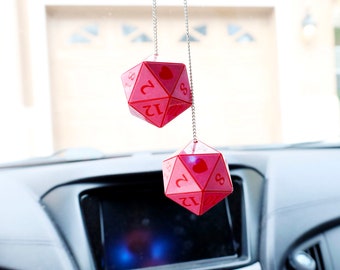 D20 Holographic Car Dice [2" Pink and Red] - Custom DnD hanging charms for Dungeons and Dragons fans - The cutest Valentine's Day gift