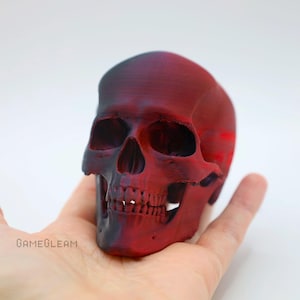May include: A red and black skull sculpture with a detailed anatomical design. The skull is made of a smooth, glossy material and has a realistic appearance.