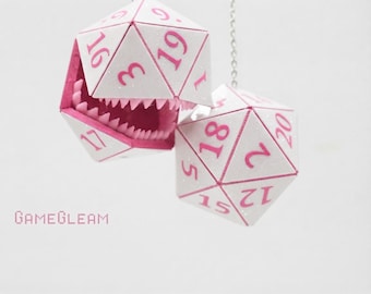 Mimic D20 Car Dice [White and Pink, custom 2" holographic charms] - DnD hanging car accessory - The thoughtful gamer gift with teeth