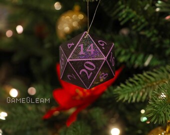 D20 Ornament [2" Black and Purple Holographic] - Hanging DnD charm - A magical Christmas tree holiday season gift for him or her