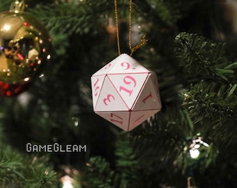 D20 Ornament [2" White and Pink Holographic] - Hanging DnD charm - A magical Christmas tree holiday season gift for him or her