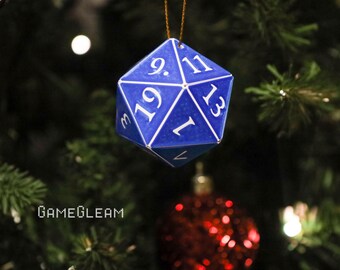 D20-ornament [2" blauw en wit holografisch] - hangende DnD-bedel - Een magisch kerstcadeau voor de feestdagen voor hem of haar