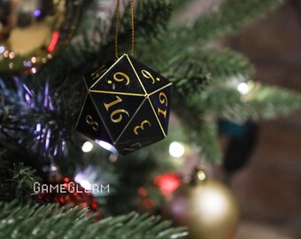 D20-ornament [2" zwart-goud holografisch] - hangende DnD-bedel - Een magisch kerstcadeau voor de feestdagen voor hem of haar