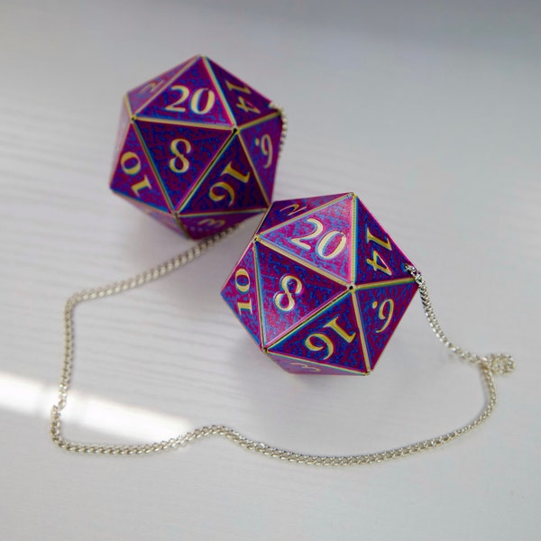 D20 Car Dice [2" Purple/Blue and Gold/Silver Holographic - "Violet Luster"] - Hanging DnD charm danglers - A magical car gift for him or her