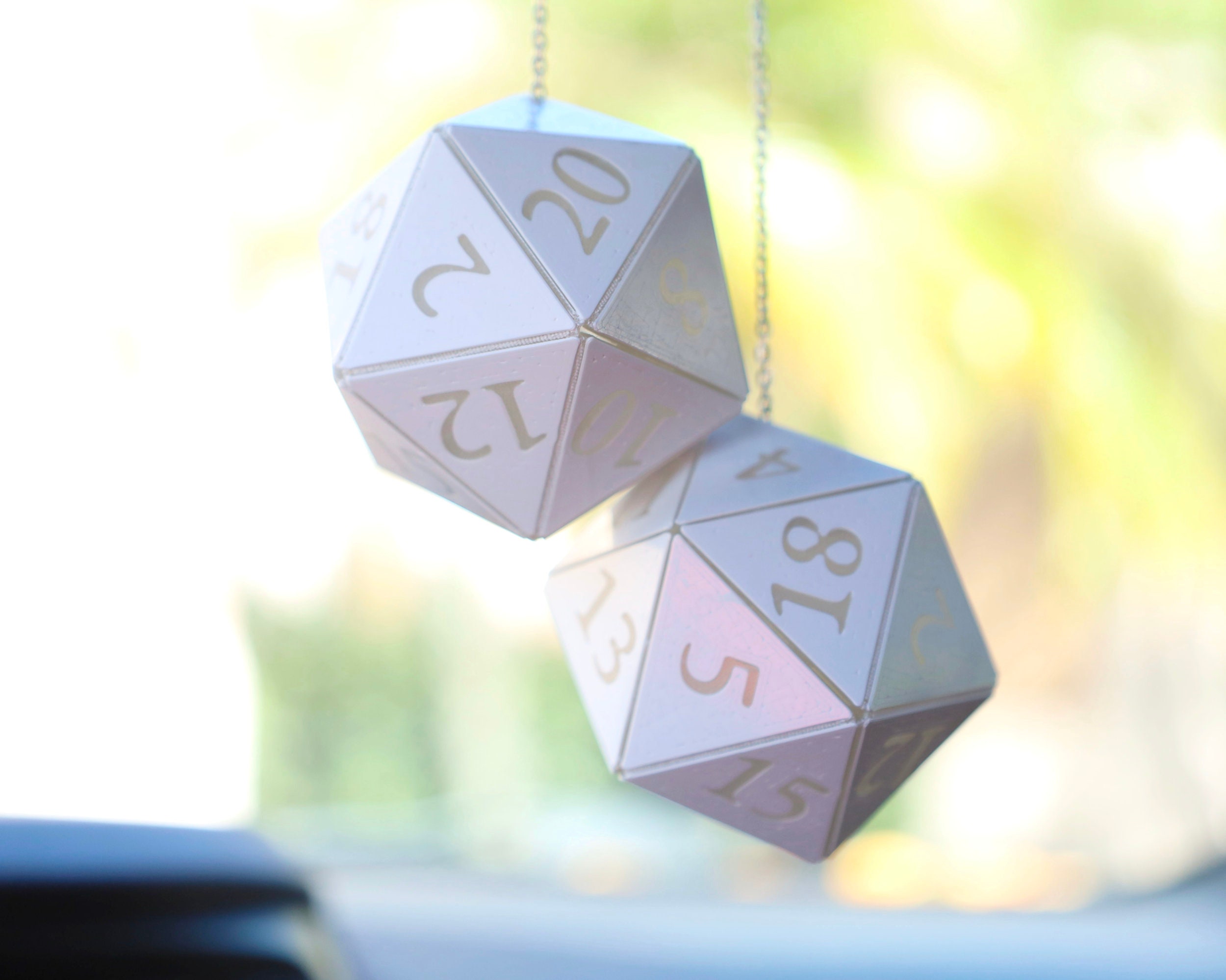 D20 Car Dice [2" Glow in the Dark and White Holographic - "Moonbeam"] - Hanging DnD charm danglers - A magical car gift for him or her