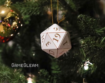 D20-ornament [2" wit- en roségoud holografisch] - hangende DnD-bedel - Een magisch kerstcadeau voor de feestdagen voor hem of haar
