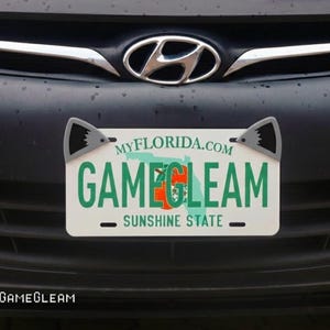 Puede incluir: Una placa de matrícula de Florida con el texto "GAMEGLEAM" en verde y naranja, con las palabras "SUNSHINE STATE" debajo. La placa está montada en un coche negro y tiene detalles decorativos grises con forma de aletas de tiburón.
