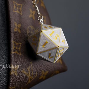 D20 Die Bag Charm Keychain [Silver and gold, 2" Holographic] - Purse hanging DnD charm dangler pendant - Original magical fantasy gift