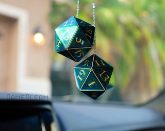 D20 Car Dice [2&quot; Green/Blue and Gold Holographic - &quot;Chaotic Emerald&quot;] - Hanging DnD charm mirror dangler - A magical gift for him or her