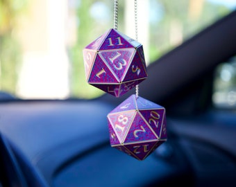 D20 Car Dice [Pick your colors, custom 2&quot; charms] - DnD hanging car accessories for fantasy fans and DMs - A magical car gift for him or her