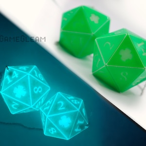 D20 Car Dice: Glow in the Dark Green Holographic Shamrock Charm