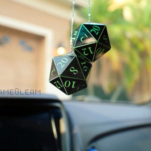 D20 Car Dice [2&quot; Black and Lime Green Holographic - &quot;Alien Invasion&quot;] - Hanging DnD charm mirror dangler - A magical gift for him or her