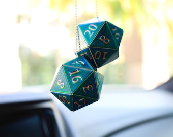 D20 Car Dice ["Emerald Rose" - 2" Green/Blue and Rose Gold Holographic] - Hanging charms for DnD fans - The magical car gift for him or her