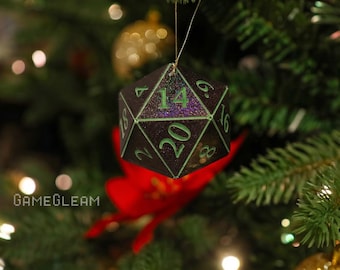 D20 Ornament [2" Black and Green Holographic] - Hanging DnD charm - A magical Christmas tree holiday season gift for him or her