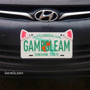 Puede incluir: Placa de matrícula blanca con el texto "GAMEGLEAM" en verde y naranja, y "SUNSHINE STATE" debajo. La placa tiene detalles de orejas de gato rosas y blancas y está montada en un coche negro. El sitio web "MYFLORIDA.COM" está impreso encima del texto.