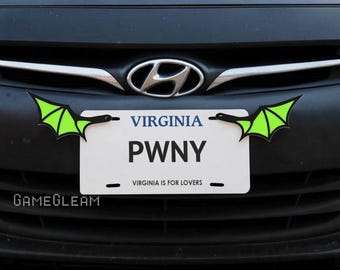 License Plate Bat Wings Pair [Lime Green, 6.5" wide wingspan] - Fits cars or motorcycles - A magical fantasy gift for him or her