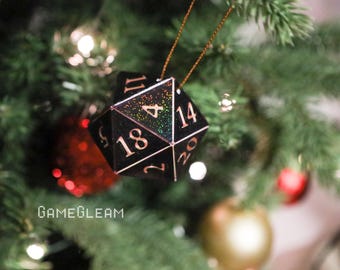 D20-ornament [2" zwart en roségoud holografisch] - hangende DnD-bedel - Een magisch kerstcadeau voor de feestdagen voor hem of haar
