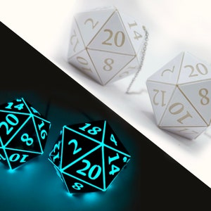 D20 Car Dice [2" Glow in the Dark and White Holographic - "Moonbeam"] - Hanging DnD charm danglers - A magical car gift for him or her