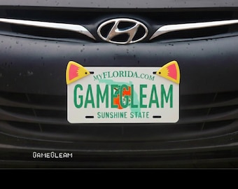 Furry Cat Ears for License Plate [Pick your color pair, Holographic 2.75" wide] - Fits cars or motorcycles - A magical gift for him or her