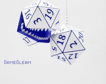 Mimic D20 Car Dice [White and Blue, custom 2" holographic charms] - DnD hanging car accessory - The thoughtful gamer gift with teeth
