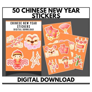 50 autocollants numériques nouvel an chinois, autocollants nouvel an chinois kawaii, autocollants numériques mignons, autocollant mignon nouvel an chinois, nouvel an lunaire