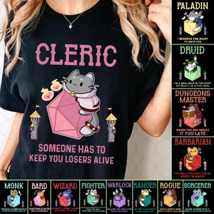 DnD collection Class Character Shirt, Dungeon Master Shirt, D&D Clothing, Cat Dice D20 DnD Shirt, Sorcerer Cleric Druid Bard DM Shirt