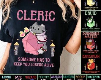 DnD collection Class Character Shirt, Dungeon Master Shirt, D&D Clothing, Cat Dice D20 DnD Shirt, Sorcerer Cleric Druid Bard DM Shirt