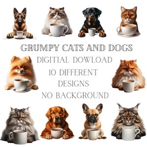 Może przedstawiać: Dziesięć cyfrowych ilustracji zrzędliwych kotów i psów trzymających filiżanki kawy. Obrazy są izolowane na białym tle. Tekst "GRUMPY CATS AND DOGS", "DIGITAL DOWNLOAD", "10 DIFFERENT DESIGNS" i "NO BACKGROUND" jest wyświetlany pod obrazami.
