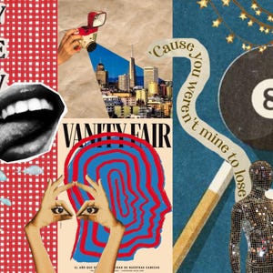 Puede incluir: Un collage de imágenes con un fondo de cuadros rojos y blancos, una portada de revista con el texto "Vanity Fair", una imagen en blanco y negro de una boca, un fondo azul con una bola negra de 8, una cinta blanca con el texto "'Cause you weren't mine to lose", y un reloj con números romanos.