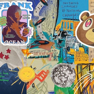 May include: A collage of colorful images including a sticker with the text "FRANK" and "ONE NIGHT ONLY", a sticker with the text "OCEAN", a sticker with the text "LIVE BY THE SUN", a sticker with the text "NOTHING CHANGES IF NOTHING CHANGES", a sticker with a cartoon bear, and a sticker with the text "SZA".