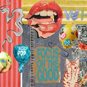 以下が含まれることがあります： 赤い唇、ステッカー付きのレモン、「FOCUS ON THE GOOD」の文字が入ったコラージュ。 その他、Tootsie Roll Pop、猫、黄色の電話が含まれています。