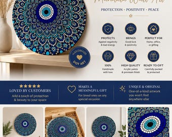 Puede incluir: Una pieza de arte mural circular con un diseño de mandala de arte de puntos en tonos azul, turquesa y blanco, centrado con un motivo de ojo turco. La obra de arte se muestra en varios entornos, incluyendo una caja de regalo y en una pared.