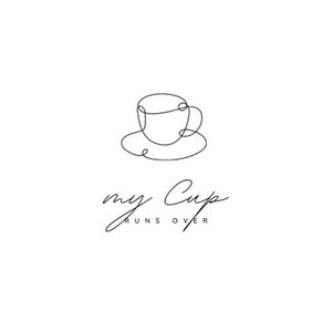 Puede incluir: Un dibujo de línea de una taza de café y un platillo con el texto "my cup runs over" debajo.